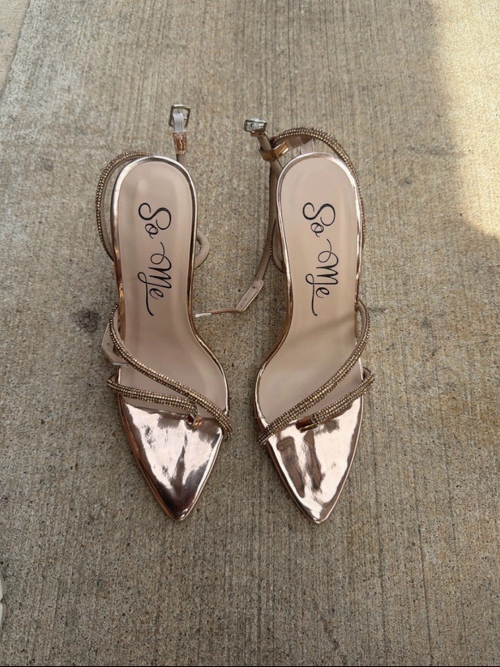 So Me Metallic Rose Gold Pointed Slingback Heels with Crystal Straps
